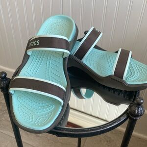 Crocs, Petra, two strap, sandal, brown, and turquoise blue 9